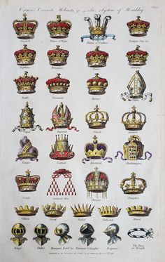 Antique Print - Crowns, Coronets, Helmets by Percibal Barlow 1789 Crown Decor, Royal Crowns, Crown Print, Chicano Art, Graphic Design Print, Crown Jewels, Chicago Il