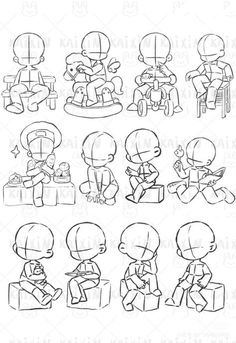 some cartoon characters are sitting and standing in different positions, one is holding a baby