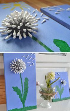 two pictures with flowers on them, one is made out of paper and the other has painted