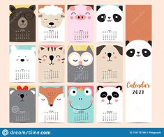 a calendar with animals on it for the month of november and december in different colors