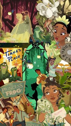 the princess and the frog collage is featured in this image with many different characters