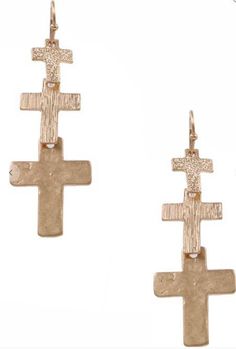 Textured gold tone triple cross dangle earrings. Measurements: Length- 2.25" *All Jewelry is Final Sale* Cross Earrings, Gold Texture, Final Sale, Gold Tones, Dangle Earrings, Texture, Gold