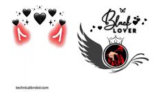 two black and red tattoos with hearts on the side, one has an angel's wings