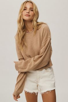 We've spun up a collection of cloud-like cashmere that's dreamy, elevated, and oh-so-soft . The Alani is our bestselling, best-reviewed sweater, ever . Nothing says luxury like a sumptuous cashmere pullover – here, a mock neck and relaxed silhouette lend the style an air of au courant polish. | The Alani Cashmere Sweater by Pilcro: Cropped Crew-Neck Edition in Beige, Women's, Size: XL, 100% Cashmere at Anthropologie Pleated Tops, Pleat Top, Mock Neck Sweater, Premium Denim, Cropped Top, Cropped Sweater, Boho Outfits, Cashmere Sweaters, Online Clothing