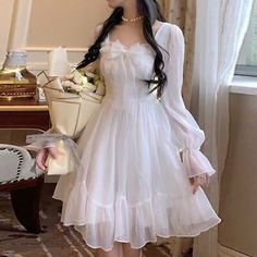 Top Seller for Women Fairy Lolita Dress Long Sleeve Lace Mini Dress Retro Kawaii Sweet White, Womens Dresses Long Sleeve Lace Mini Dress, Silk Evening Gown, Fairy Skirt, Cottagecore Dress, Kawaii Dress, Fairy Dress, Sweet Dress, Mid Length Dresses, Lolita Dress