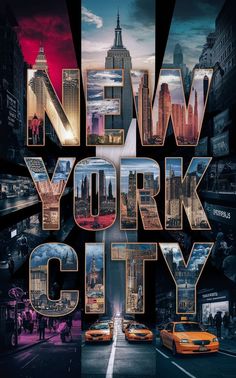 the new york city poster is shown in multiple images, including skyscrapers and cars