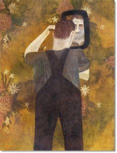 a painting of a man holding a mirror to his face