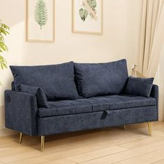 a blue couch sitting on top of a hard wood floor next to a potted plant