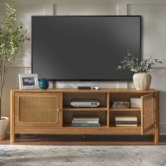 a flat screen tv sitting on top of a wooden entertainment center next to a potted plant