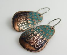 Original jewelry made by etching technique. Pattern according to my proposal. Hand etched copper earrings with an colorful - Wax Patina.  I seal each piece with a clear, protective coat in a satin finish. Length of earrings:   titanium pin -                  1.2inches                 30mm                                      surgical steel hooks -    1.4inches                 35mm                                      jewelry copper hooks - 1.6inches                 40mm  The size of the wing is Copper Earrings Handmade, Handmade Copper Jewelry, Copper Anniversary Gifts, Etched Copper, Copper Jewelry Handmade, Earring Inspiration, Hammered Earrings, Earrings Inspiration, The Wing