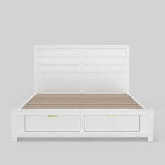 a white bed with two drawers on the bottom and one drawer underneath it, against a gray background