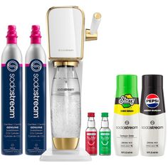 an assortment of different types of water and mouthwashes are displayed on a white background