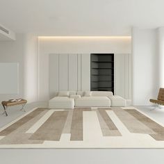 a modern living room with white couches and rugs