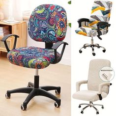 an office chair with colorful fabric upholstered on the back, and two different views of it