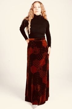 "Velvet Patchwork Skirt/ 70's Long Skirt/ Long Velvet Skirt/ Velvet Maxi Skirt/ Long Winter Skirt/ Brown Velvet Skirt/ 70s Brown Velvet Skirt High quality velvet skirt in excellent condition. Iconic 70s long skirt by JCPenny. Beautiful patchwork print. Waist zippers and buttons to close. Twin inch hem, gives nice weight to the length of the skirt.  Fits size S-M. Model is 5'4\" and a size 4 for scale. Please see exact measurements below.  Item measured while flat, double where applicable, i.e. w 70s Maxi Skirt, Fall Long Skirt With Patchwork, Patchwork Long Skirt For Fall, Fall Patchwork Long Skirt, Vintage Long Skirt For Fall, Vintage Long Skirt With Patchwork, 70s Long Skirt, Vintage Patchwork Skirt, Vintage Full-length Lined Skirt