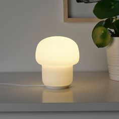 a small white light sitting on top of a table next to a potted plant