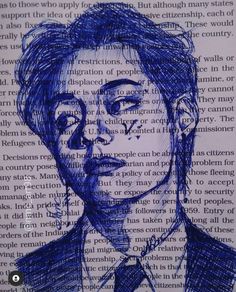 a drawing of a man's face is shown in blue ink on an open book