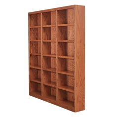 an empty wooden bookcase on a white background