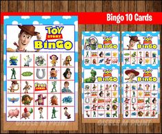 two printable toy story bingo game cards with pictures of toys and characters on them