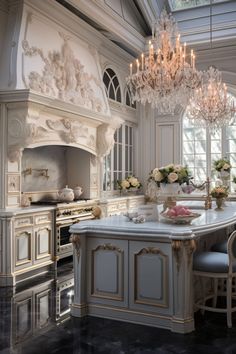 an elegant kitchen with chandelier and marble counter tops in the middle of it