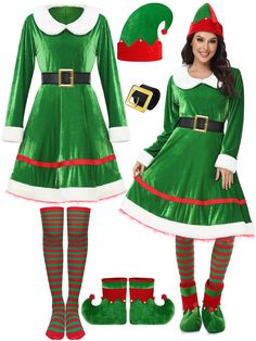 PRICES MAY VARY. What you will receive: you will receive 1 Christmas elf green velvet dress costume set, including 1 piece of elf velvet dress, 1 piece of green elf hat, 1 pair of green elf shoes, 1 pair of black belt, 1 pair of green and red striped thigh high socks, in a total of 5 pieces, suitable for Christmas party dress cosplay Soft material: hats and dresses are made of super soft velvet, namely 90% polyester and 10% spandex; the white plush is made of rabbit fur, not easy to fade or defo