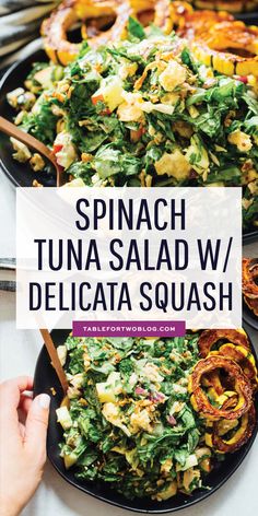 spinach, tuna salad with delicata squash in a black bowl on a white table