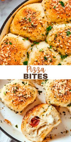 two images showing different types of pizza bites in a pan with cheese and herbs on top