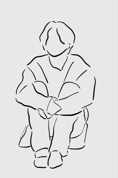 a black and white drawing of a person sitting on the ground with their arms crossed