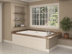 a bathroom with a large bathtub and shelves on the wall, along with a potted plant