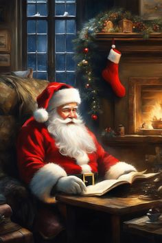 a painting of santa claus reading a book