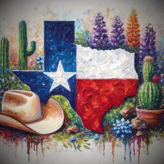 a painting of a texas flag, cactus and cowboy hat with the colors of the american flag painted on it