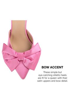 A floppy bow charms the pointed toe of a sophisticated mule set on a sensible mule. 3" heel Textile upper/synthetic lining and sole Imported Feminine Formal Heels With Bow Straps, Formal Feminine Heels With Bow Straps, Feminine Slingback Pumps With Bow For Formal Occasions, Feminine Bow Slingback Pumps For Formal Occasions, Pink Heels With Satin Bow For Spring, Spring Event Heels With Satin Bow, Pointed Toe Heels With Bow Straps For Events, Chic Formal Heels With Pink Bow, Pink Pointed Toe Heels With Bow Straps