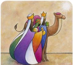 a painting of three wise men riding on a camel with the star above their head