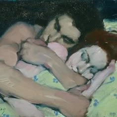 a painting of a man and woman cuddling on a bed