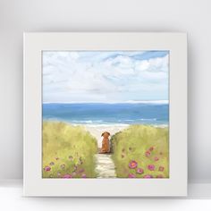 a painting of a dog sitting on a path to the beach with flowers in front of it