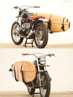 a motorcycle with a surfboard strapped to the back