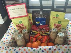 a basket filled with lots of food on top of a table