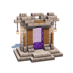 an image of a small building made out of bricks and stone with chains hanging from it's sides