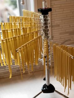 a bunch of yellow pasta noodles on a tripod in front of a large window