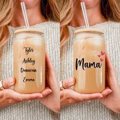 two women holding up coffee mugs with names on each one and the other side