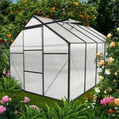 a white greenhouse surrounded by flowers and greenery with oranges in the back ground