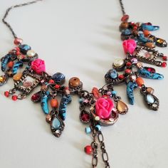 Never Wear It. It's A Beautiful Bohemian Necklace. All The Stones Glitter, With Excellent Condition No Missing Stones.Handmade Plasticine Pink Flowers, Three-Dimensional And Full Of Nostalgia. Bohemian Necklace, Color Crystal, Necklace Handmade, Woman Colour, Crystal Necklace, Three Dimensional, Womens Jewelry Necklace, Pink Flowers, Pink Blue