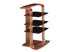 a three tiered wooden shelf with black shelves on each side and an open end section