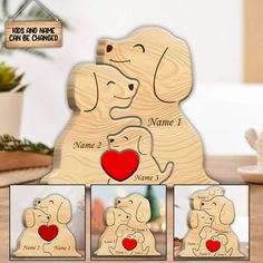 a wooden puzzle with three pictures of a dog and a heart