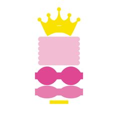 a pink and yellow cake with a crown on it's top, wearing goggles