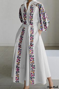 OliviaMark - Elegante Kleider in A-Linie mit Buchstabenprints, Patchwork-Knöpfen und Umlegekragen Autumn Fabric, Robes D'occasion, Button Shirt Dress, Linen Dress Women, Vestido Plus Size, Cotton Linen Dresses, Belted Midi Dress, 2022 Trends, Fall Dress