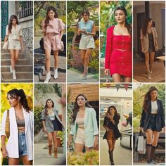 many different pictures of women in short skirts and jackets walking down the street, one is wearing