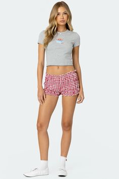 Red Plaid Shorts Outfit, Gingham Shorts Outfit, Mini Shorts Outfit, Plaid Shorts Outfit, Autumn Closet, Gingham Set, Scrunch Shorts, Bubble Shorts, Festival Fits