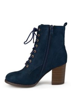 Show off a trend-setting look with heeled Granny boots by Journee Collection. Faux suede uppers rise above the ankles and highlight a front lace-up design. Chunky stacked high heels add modern style to finish the look. | Journee Collection Women's Baylor Booties, Blue, 7M