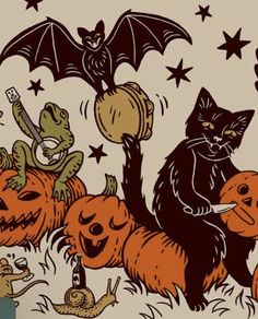 an image of halloween scene with cats and bats